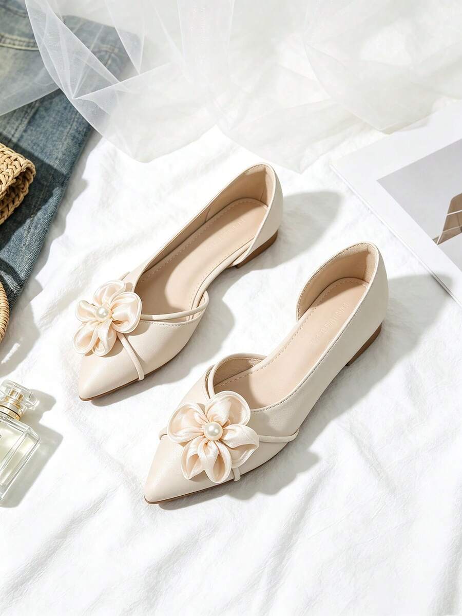 New French Style Side Cutout Pointed Toe Low Vamp Slip-On Shoes For Women, Pearl 3D Flower Soft Sole Breathable Versatile Ballet Pumps - Apricot - View 1