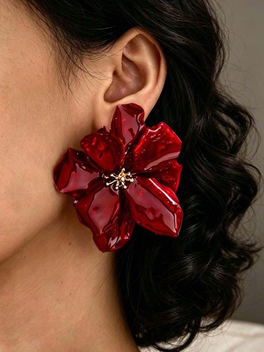 1 Pair Vintage Style Deep Red 3D Petal Earrings, Niche Luxury Oversized Earrings For Party And Evening Dress - Burgundy - View 1