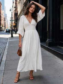 Women Elegant Deep V Neck Dress Three Quarter Sleeve With Lace Trim Cuffs For Going Out Dating Fall Winter Outfits - White - View 4