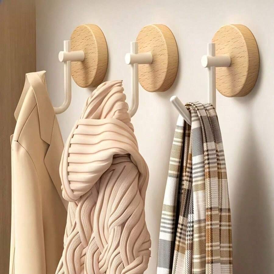 1/2/4pcs Self-Adhesive Walnut Wood Wall Hooks, Wall-Mounted Wooden Hooks, Coat And Hat Hooks, No-Drill Installation, Suitable For Clothing Storage And Decoration, Ideal For Living Room, Kitchen, Bathroom, Can Hang Towels, Clothes, Bathrobes, Suitable For Baby Room Door - Multicolor - View 1