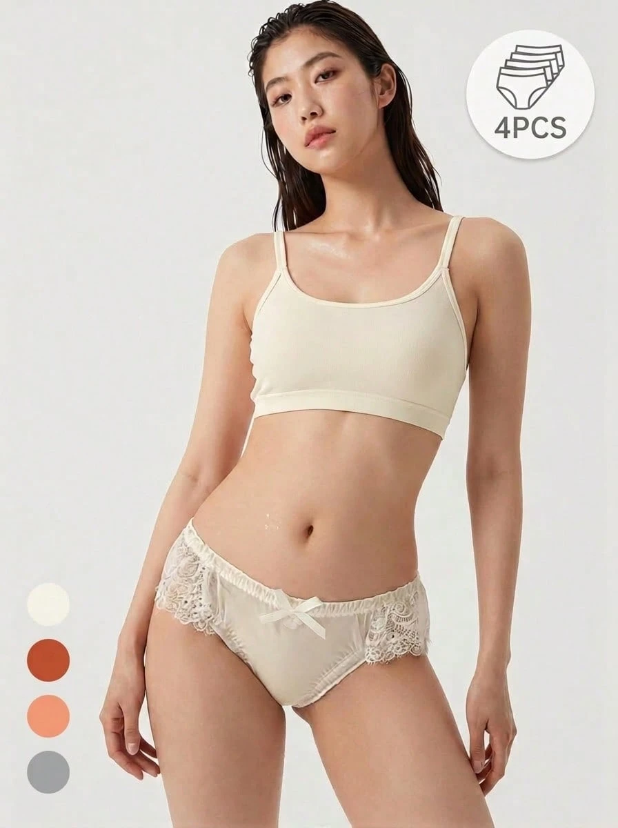 Mystèrelle 4pcs Fashion Minimalist Sexy Mesh Lace Trim Butterfly T-Back Panties For Women, Low Waist Comfortable - Multicolor - View 1
