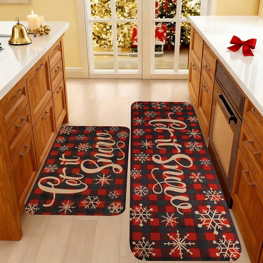 1/2/3pcs Christmas Theme Kitchen Rug, Flannel Kitchen Mat Red & Black Plaid Snowflake Pattern, Soft Comfortable Absorbent Non-Slip, Machine Washable With Non-Slip Backing, Suitable For Multiple Scenes: Doorway, Living Room, Bedroom, Kitchen, Dining Room, Bathroom, Laundry Room, Entryway, Christmas Holiday Home Decor Floor Mat - Multicolor - View 1