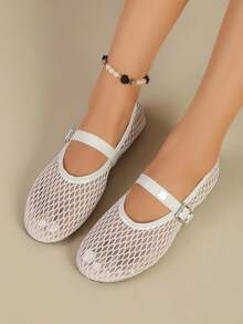 White Mesh Mary Jane Flats, Hollow Out Breathable Buckle Strap Slip-On Shoes For Women - White - View 6