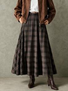 Women's New Wool Blend Plaid Casual Versatile Commute Daily Street Retro Style Flared Long Skirt, Autumn/Winter - Ash Brown - View 5