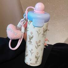 1PC 600ML Stylish Floral, Simple Floral, Heart Bow Pattern Stainless Steel Cup, Double-Use Coffee Cup, Portable Straw Cup, Lanyard , Suitable For Office, Home, Gift Recommendation, Coffee/Milk/Tea - Multicolor - View 5