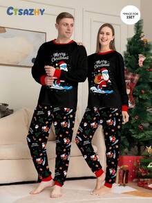 Christmas Ski Santa Print,Contrast Color Long Sleeve Top & Pants Pajama Set,Women Pjs Sleepwear,Black,Autumn,Cute,Sleep - Black - View 1