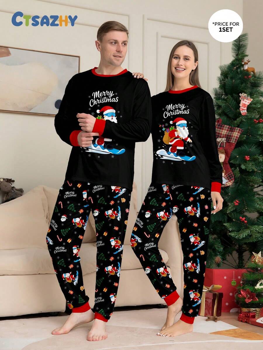 Christmas Ski Santa Print,Contrast Color Long Sleeve Top & Pants Pajama Set,Women Pjs Sleepwear,Black,Autumn,Cute,Sleep - Black - View 1