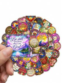 50Pcs Aesthetic Stained‑Glass Bible Text Stickers, Christian Faith Religious Quote Waterproof Decals, Colorful Decor Stickers For Journal, Scrapbook, Water Bottle, Laptop - Multicolor - View 3
