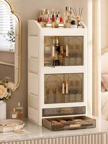 Large Capacity Desktop Cosmetic Storage Cabinet With Drawers And Layered Dust-Proof Storage Box, Transparent Visible Striped Door Design, Skincare Storage Rack, Lipstick, Lip Balm, Perfume, Lotion, Cream Classification And Organization, Multi-Compartment Countertop Storage Box, Vanity Skincare Organizer Cabinet, Bathroom Sink Storage Rack, Bedroom Makeup Table Desktop Organizer, Space-Saving, Say Goodbye To Clutter, Suitable For Skincare, Makeup, Perfume And Daily Small Items Classification And Storage - Multicolor - View 6
