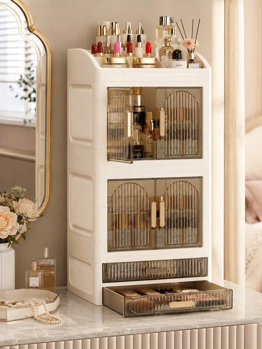 Large Capacity Desktop Cosmetic Storage Cabinet With Drawers And Layered Dust-Proof Storage Box, Transparent Visible Striped Door Design, Skincare Storage Rack, Lipstick, Lip Balm, Perfume, Lotion, Cream Classification And Organization, Multi-Compartment Countertop Storage Box, Vanity Skincare Organizer Cabinet, Bathroom Sink Storage Rack, Bedroom Makeup Table Desktop Organizer, Space-Saving, Say Goodbye To Clutter, Suitable For Skincare, Makeup, Perfume And Daily Small Items Classification And Storage - Multicolor - View 1