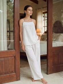 Women's Summer 2-Piece Pajama Set, Pure Cotton Minimalist Loose Sexy Backless Camisole Sleeveless Top With Fashionable Dual Pockets - White - View 2