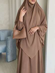 Set Abaya 2 Potong untuk Wanita Muslim, Gaun Panjang Bertekstur Kerut dengan Hijab Senada, Jubah Lengan Panjang Longgar yang Sopan - MultiWarna - View 19
