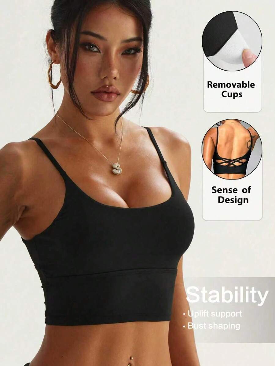 Women's Solid Color Detachable Padded Cross Back Open Back Round Neck Sports Knit Bralette, Black - Black - View 1
