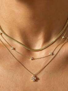 3pcs Women's Necklace Set, Gold Copper Inlaid CZ Fashion Minimalist Gold Heart & Clover Pendant Necklace Set, Suitable For Daily, Party, Holiday, Jewelry Gift - Gold - View 7