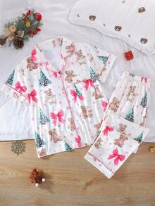 2pcs/Set Christmas Women's Pajama Set, Santa Claus Christmas Tree Cartoon Bear Print Pattern, 2-Piece Women's Short Sleeve Pajama Set, Lapel Short Sleeve Cardigan And Long Pants Set, Suitable For All Seasons, Home Wear, Comfortable And Loose - White - View 9