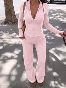 2 Pieces Sportswear Set, Includes Stand Collar Zipper Long Sleeve Top And Wide Leg Pants, Suitable For Spring And Autumn - Pink - View 6