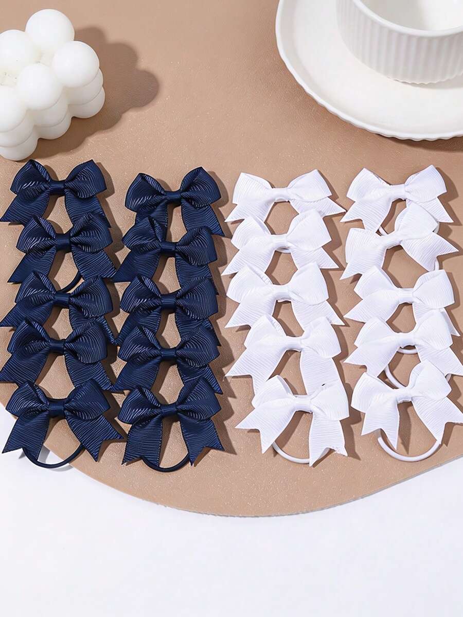 20/10pcs Sweet Navy Blue And White Bow Hair Ties, Solid Color Ponytail ...