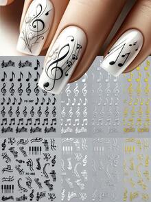 3D Music-Themed Nail Stickers, Self-Adhesive Designs Featuring Musical Notes, And Piano Keys In Black, White, Gold, And Silver, Autumn Y2K Gothic Style Nail Art Decals For DIY Manicures And Salon Use (8/4/2PCS) - Multicolor - View 1