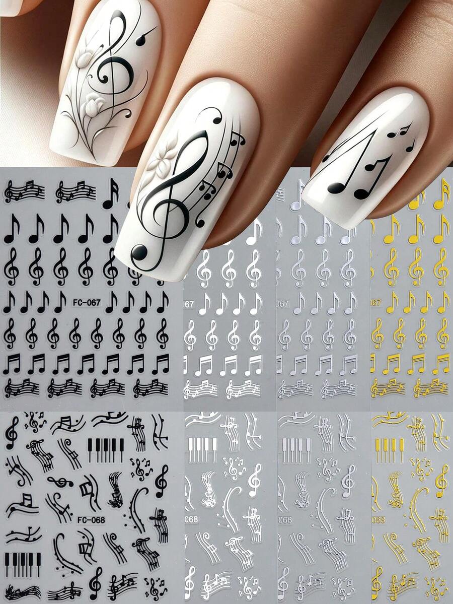 3D Music-Themed Nail Stickers, Self-Adhesive Designs Featuring Musical Notes, And Piano Keys In Black, White, Gold, And Silver, Autumn Y2K Gothic Style Nail Art Decals For DIY Manicures And Salon Use (8/4/2PCS) - Multicolor - View 1