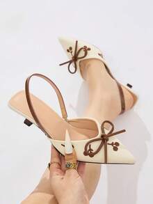 Women's Slingback Pumps With Bow, Floral Embroidery, Pointed Toe, Kitten Heel, Elegant Vintage Beige & Brown Fabric, Backless, Suitable For Daily, Dating, Office, Party, Spring, Summer, Autumn, Winter - Brown - View 1