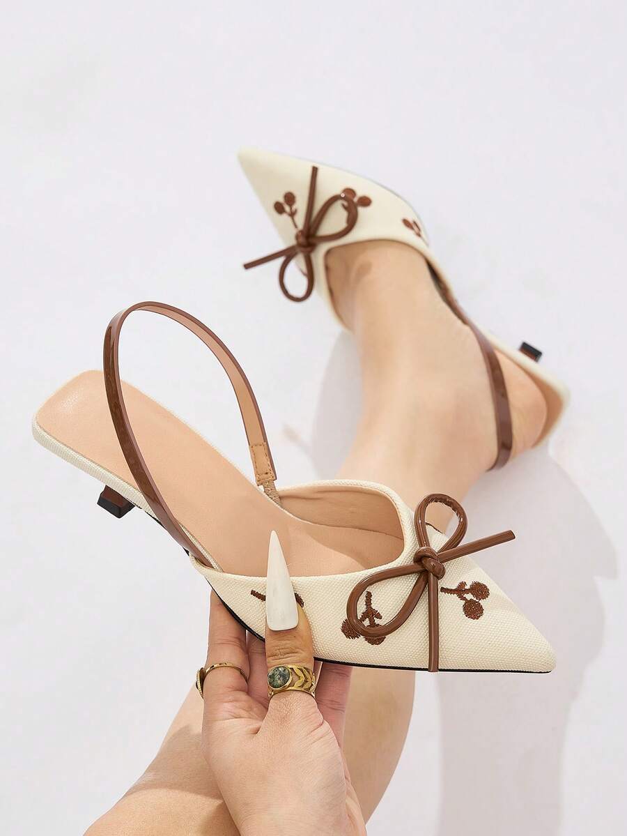 Women's Slingback Pumps With Bow, Floral Embroidery, Pointed Toe, Kitten Heel, Elegant Vintage Beige & Brown Fabric, Backless, Suitable For Daily, Dating, Office, Party, Spring, Summer, Autumn, Winter - Brown - View 1