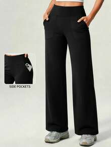 Plus Size Women's High Waist Wide Leg Sports Pants With Side Pockets, Casual Fitness Daily Straight Leg Sweatpants - Black - View 1