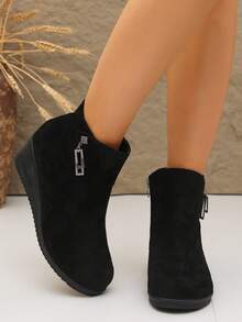 Women's Autumn/Winter Wedge Ankle Boots With Rhinestone Pendant, Side Zipper, Round Toe, Soft Sole, Comfortable Height-Increasing Ankle Boots - Black - View 5