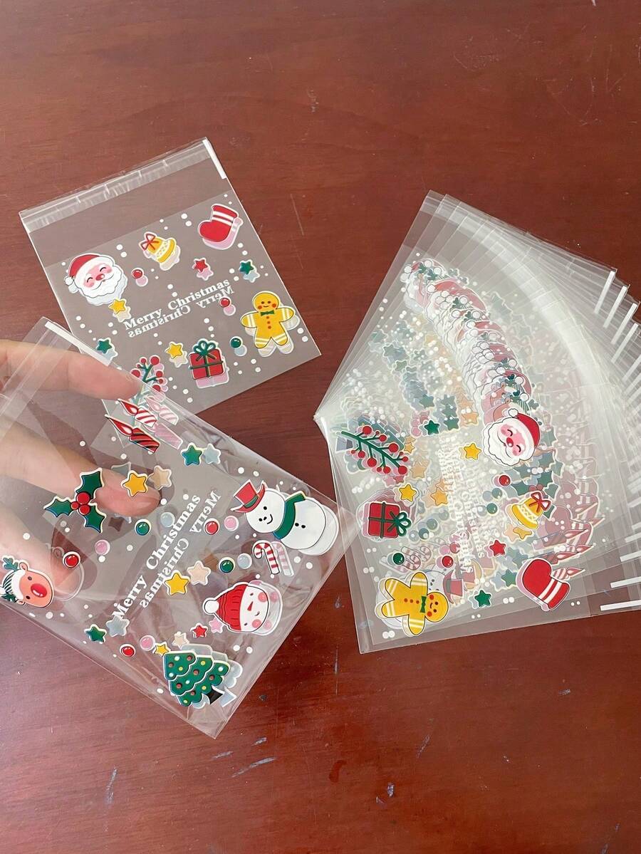 100pcs Transparent Santa Claus Bell Christmas Tree Pattern Gift Packaging OPP Bags, Christmas Theme Party Snowman Printed Small Gift Small Item Decoration Self-Sealing Bags, Can Be Used For Theme Event Promotion Gift Packaging Bags - J-Multicolor - View 1