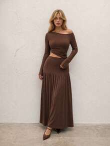 Women Skirt Set Brown Cold Shoulder Long Sleeve Ribbed Knit Cozy Maxi Tiered Y2K Vintage Boho Cottagecore Fall Going Out Concert Daily Festival Boho - Coffee Brown - View 5