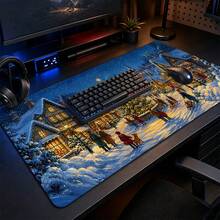1pc Christmas Snowy Village And Tree Print XL Gaming Mouse Pad, Vintage Winter Night Keyboard Desk Mat, Holiday Desk Decor Gift - View 2