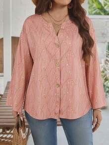 Plus Size Women's Casual Printed Button-Up Shirt - Pink - View 2