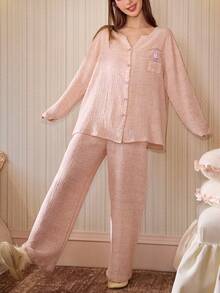 Gongdie 2 Pieces Miffy Women's Pajama Set,Fall Pink Marl Textured Soft Cotton Loungewear With Pocket - Baby Pink - View 9