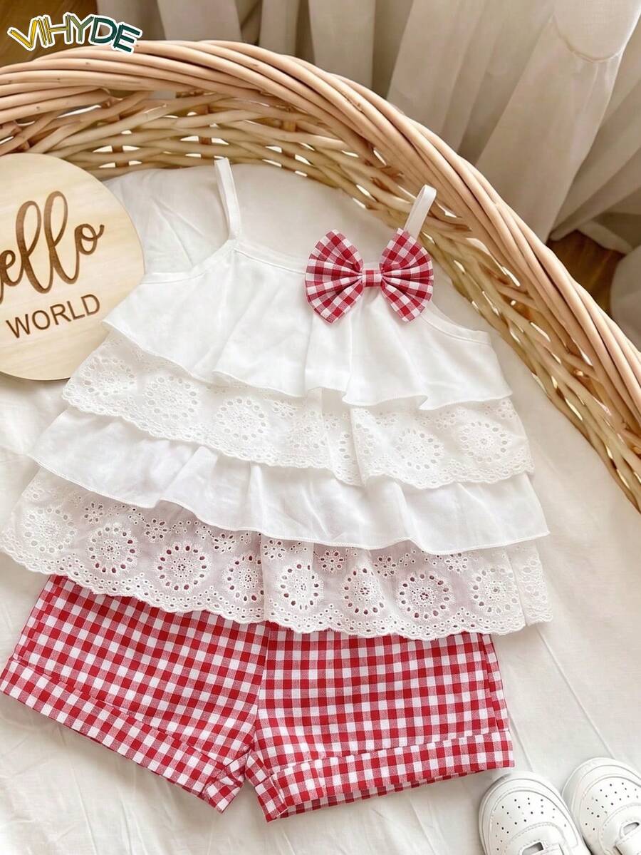 Vihyde Conjunto de 2 piezas de camisola con lazo de encaje y volantes & shorts para niñas jóvenes, estilo lindo para vacaciones - Rojo y blanco - Ver 1