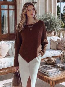 NiceArt Atasan Rajut Asimetris Wanita Warna Burgundy Chic untuk Musim Gugur, Sweater Bahu Terbuka dengan Kancing Manset Emas untuk Pakaian Sehari-hari, Kencan & Natal - Burgundy - View 7