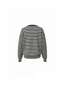Sweater Rajut Lengan Panjang Bergaris Longgar Leher V Warna Blok untuk Wanita Musim Gugur/Dingin - Hitam dan putih - View 9