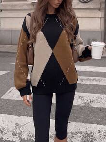 Women's Vintage Argyle Knit Long Sleeve Crew Neck Pullover, Suitable For Autumn/Winter Wear - Multicolor - View 6