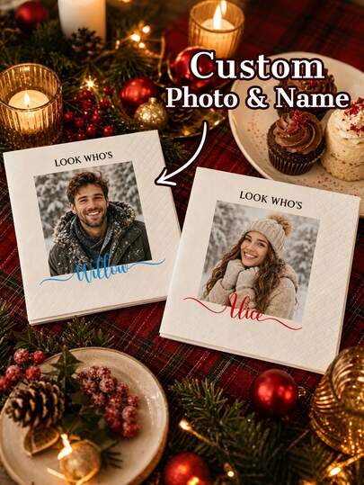 Custom Photo Name White Napkins, Elegant Christmas Dinner Table Decor, Personalized Cocktail Party Napkins For Wedding, Anniversary & Holiday Gatherings, Customized Keepsake Favor, Customizable Gift For Family & Friends, Disposable Dessert Napkins