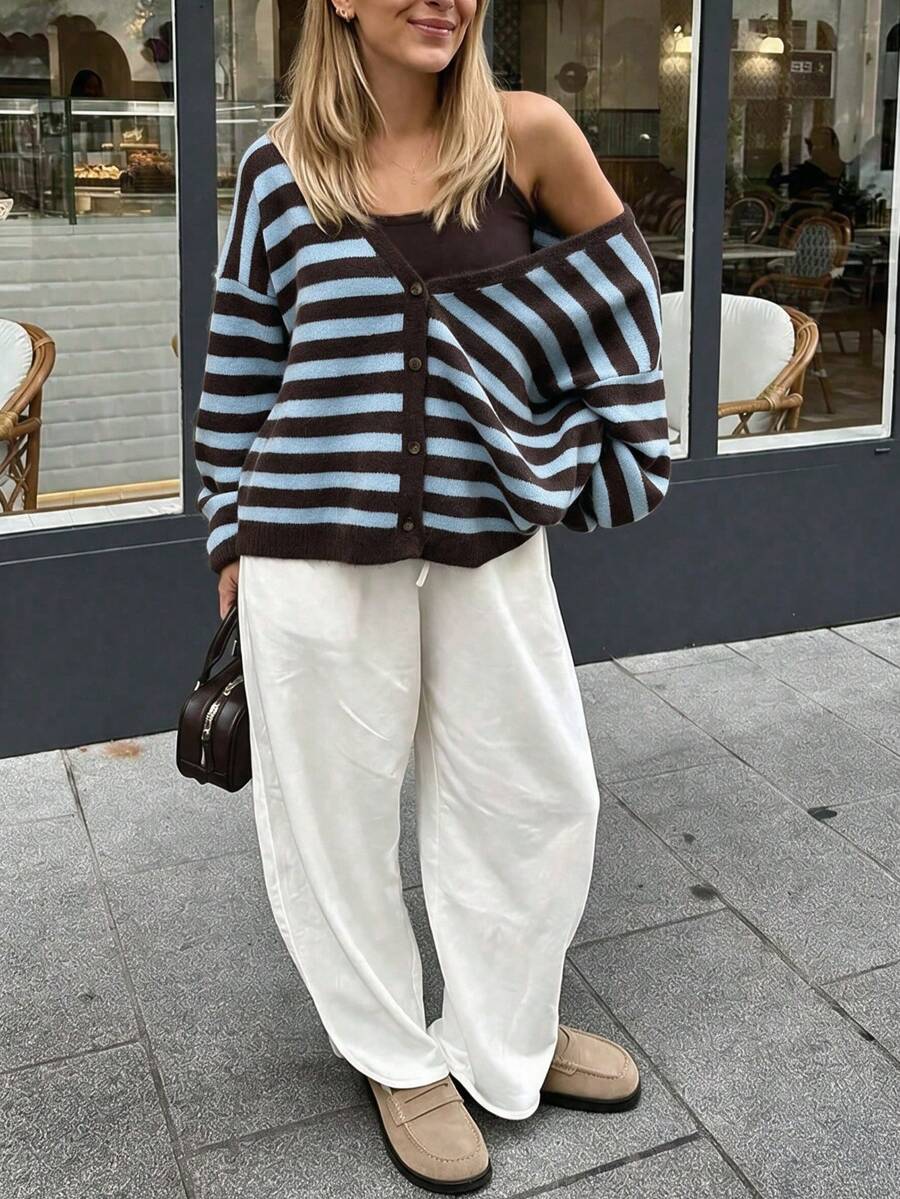Women's Knit Cardigan, Slouchy V-Neck Contrast Color Loose Drop Shoulder Sleeve, Casual Home Wear, Sweater Cardigan, Suitable For Autumn And Winter - Brown - View 1