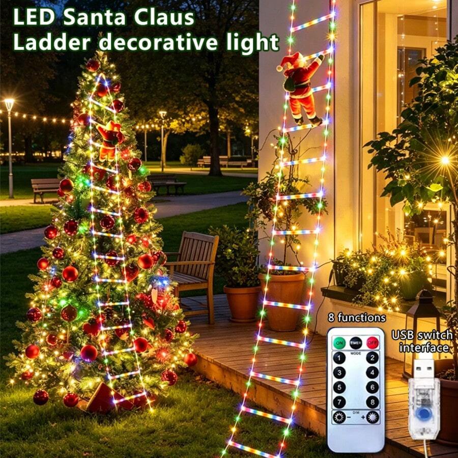 1pc USB Powered Santa Climbing Ladder Light, Warm White LED Fairy String Lights, Easy Hanging Christmas Decoration Light, Indoor & Outdoor Use, Suitable For Windows, Walls, Christmas Tree, Home Holiday Party Decor