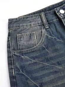 Y2K Vintage Washed Cat Whisker Pocket Wide Leg Bermuda Denim Jeans Shorts, Casual Capri Pants, Y2K Music Festival Summer, Streetwear - Retro Blue - View 8