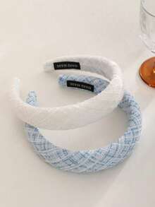 2pcs Minimalist High Crown Headband, Elegant Woven Women's Hair Accessory, Blue And White Plaid, Suitable For Daily, Travel, Commute - Blue and White - View 2