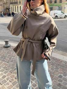 Jaket Wol Berkerah Tegak dengan Desain Vintage dan Sabuk, Pakaian Kasual untuk Bandara, Gaya Kampus - Khaki - View 6