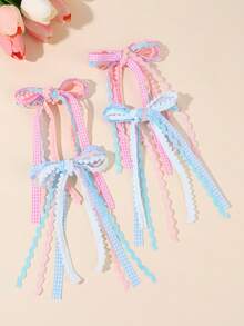 4Pcs Plaid Bow Tassel Hair Clips For Girls Flower Girl Wavy Ribbon Alligator Clips Sweet Daily Party Girls Hair Accessories Hair Accessories For Kids - Multicolor - View 4