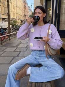 Fall Pastoral Style Outfit Women Light Purple 3D Floral Design Cardigan Ribbed Long Sleeve Round Neck Button Front Sweater Versatile For Daily Wear - Purple - View 7