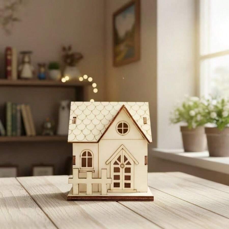 New Wooden Craft Small House Shaped Ornament, Home & Office Desktop Display Decor - Multicolor - View 1