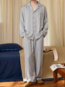 Gongdie 2pcs Men's Pajama Set, Spring/Autumn Light Gray Solid Color Striped Soft Loungewear With Pockets - Grey - View 3
