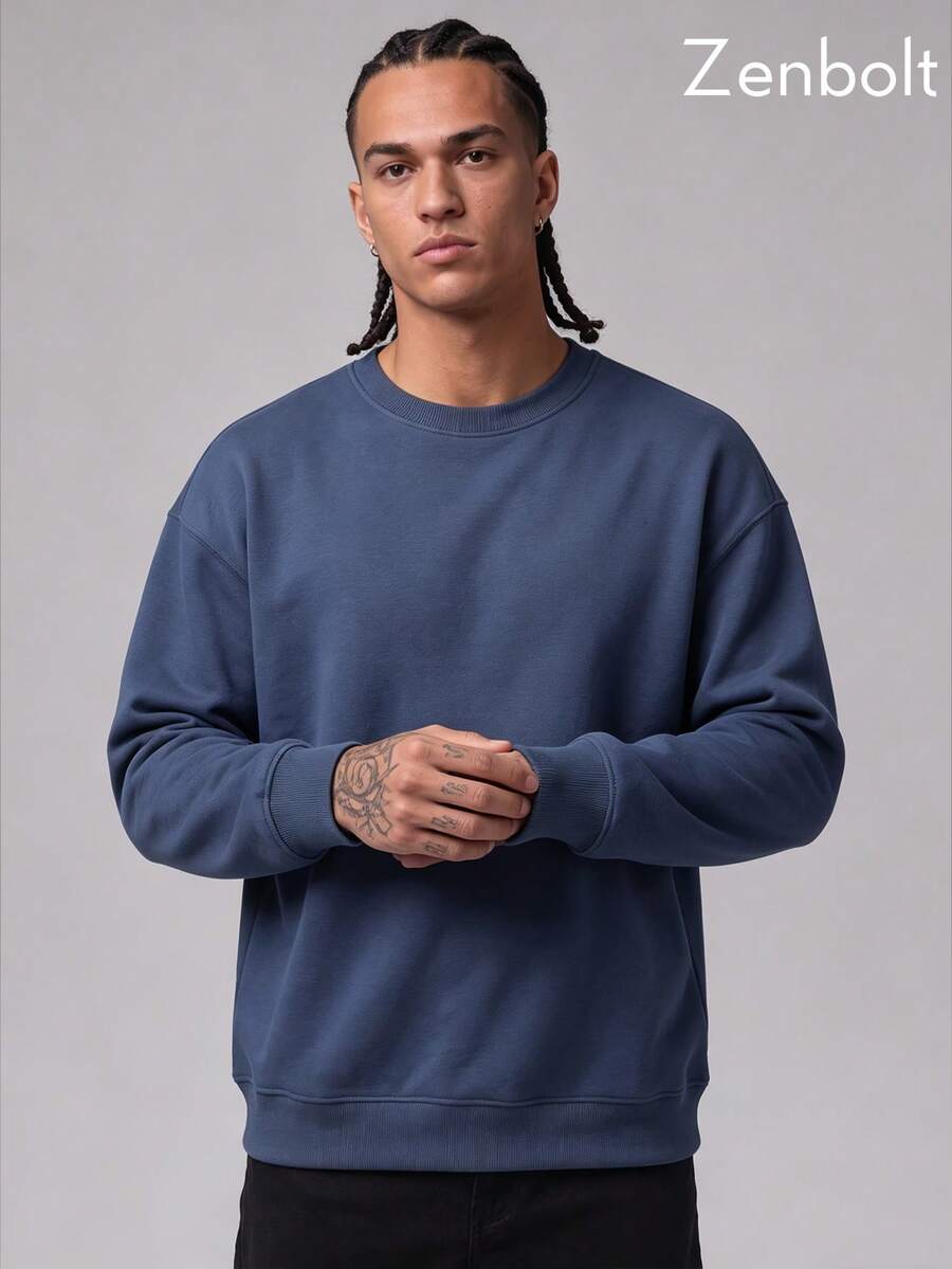 Zenbolt Men's Crew Neck Pullover Sweatshirt, Loose Fit Long Sleeve Top, Soft Solid Color Knit Casual Basic Style, Suitable For Daily Wear - Navy Blue - View 1