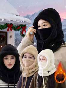 3pcs Winter Thickened Warm Face Mask Hat, Elastic Drawstring Design, Lightweight And Warm, Suitable For Cycling, Skiing And Other Outdoor Sports, Solid Color Fleece Windproof Ear Protection, Unisex - Multicolor - View 3