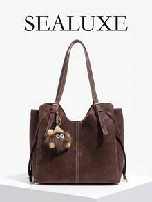 Tas jinjing wanita bergaya retro dengan satu bahu, dilengkapi detail pom-pom dan rumbai, terbuat dari kulit PU berwarna kopi, cocok untuk belanja sehari-hari. - Kopi - View 1