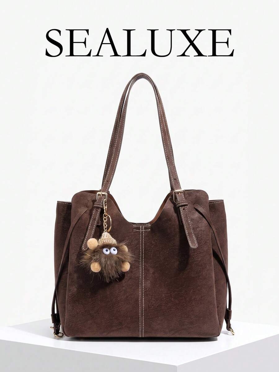 Tas jinjing wanita bergaya retro dengan satu bahu, dilengkapi detail pom-pom dan rumbai, terbuat dari kulit PU berwarna kopi, cocok untuk belanja sehari-hari. - Kopi - View 1